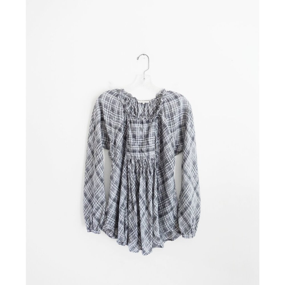 Lee Mathews Grey Plaid Silk Bias Cut Long Sleeve Blouse Peasant Top 1 Small